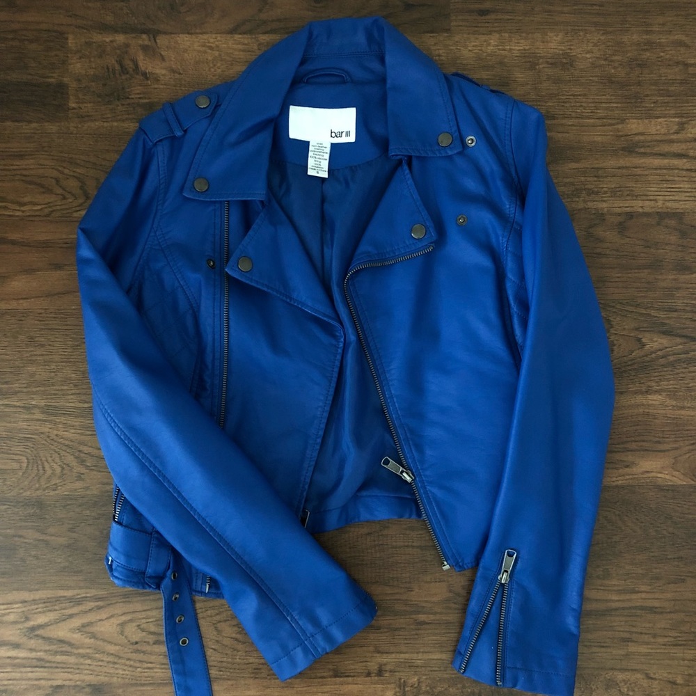 Faux leather electric blue motorcycle jacket